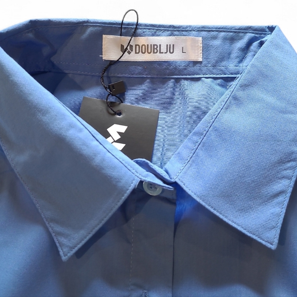 Women's Doublju Brand Slim Fit Dress Shirt Half Sleeve Stretch Size L Blue NWT! - Picture 9 of 12